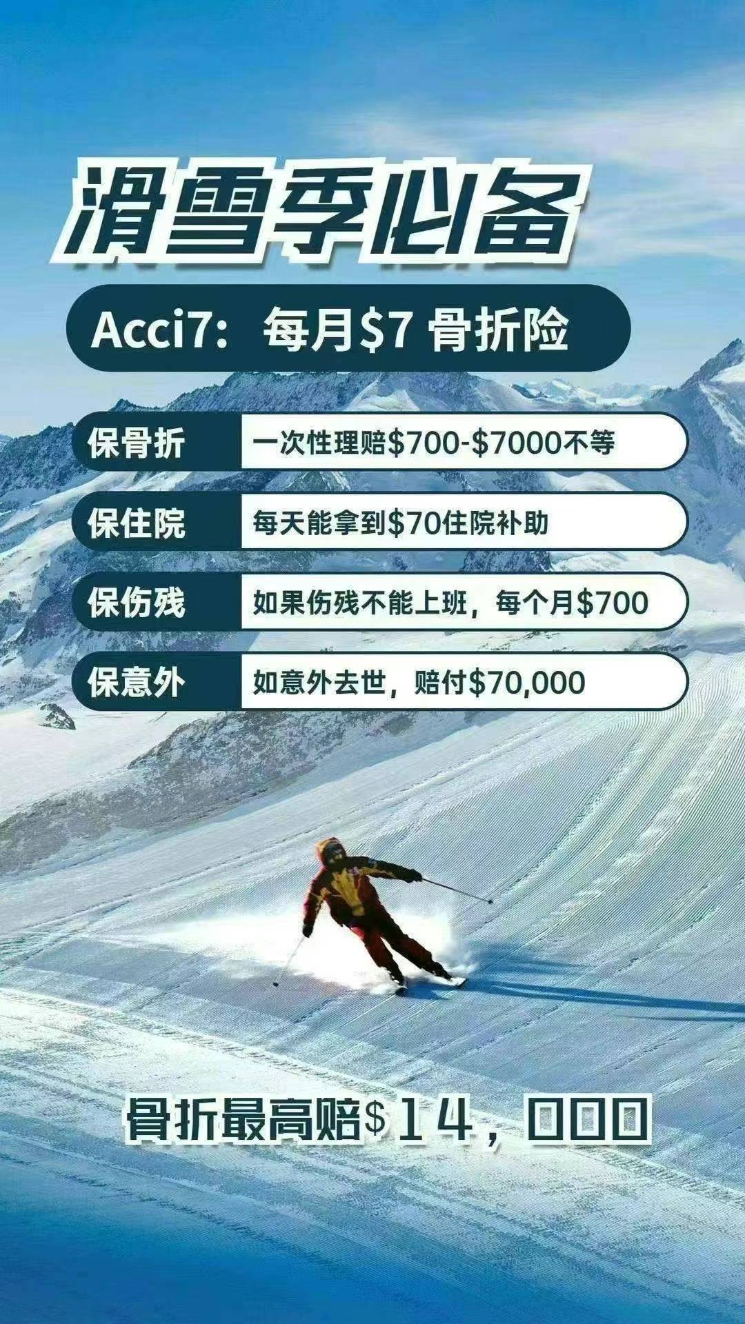滑雪季必备 Acci7: 每月$7 骨折险